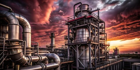 Industrial Furnace and Heat Exchanger in Petrochemical Plant at Sunset - Captivating Architectural Photography of Hydrocarbon Processing Equipment