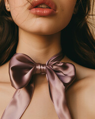 Studio Shooting, Aesthetic Face of a Girl Close-Up, Young Girl, Aristocratic Face, Bright Bow, Large Lips, Beautiful Hair