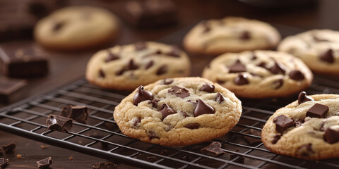 A close-up of delicious chocolate chip cookies cooling on a wire rack, with crumbs and chocolate pieces scattered around
