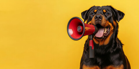 A brave Rottweiler with a megaphone on a yellow background, giving a bold and strong impression