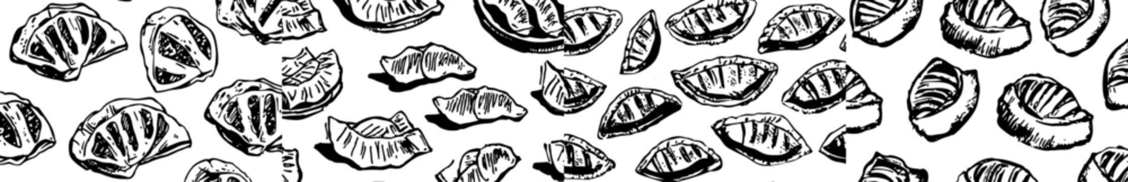 An antique style seamless pattern with manty, meat dumplings, pelmeni, jiaozi, pancakes, crepes, pyanse or pigodi, khinkali, ravioli, Pierogi, or varenyky.
