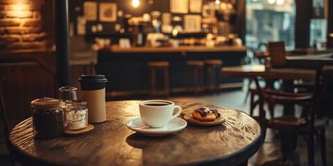 Fototapeta premium A cozy coffee shop setting with freshly brewed coffee, pastries, and a warm ambiance, perfect for relaxation