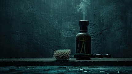 Dark, moody scene showing a shaving set with frosted bottle and steaming fragrance stick, accompanied by a shaving brush with wooden handle. Scene suggests luxury grooming and masculine care.