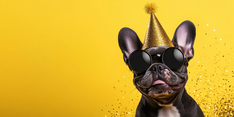 A playful French Bulldog in a celebration party hat and round sunglasses, with a bold yellow background adding to the festive vibe