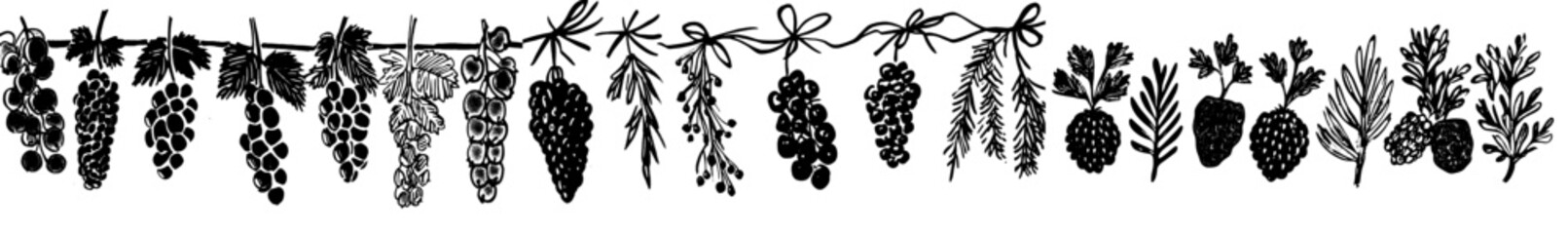 The glass wall of the kitchen features black chokeberries, grapes with cloudberries, rowanberries, raspberries with blueberries. There are barberries, currants with sea buckhorns, rose hips and