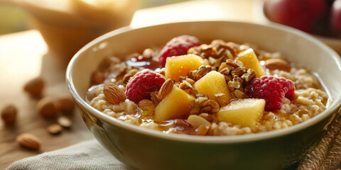 A warm bowl of oatmeal topped with fresh fruits, nuts, and honey, creating a cozy breakfast vibe