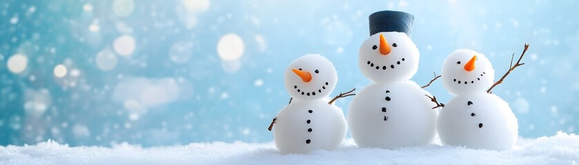 Three Snowmen Standing in the Snow With a Blue Background