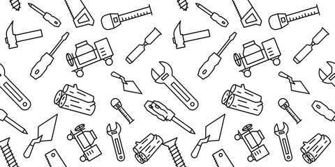 A seamless pattern featuring various construction tools. The minimalist line-art design creates a clean and aesthetic. Ideal as a background for projects related to construction or home improvement
