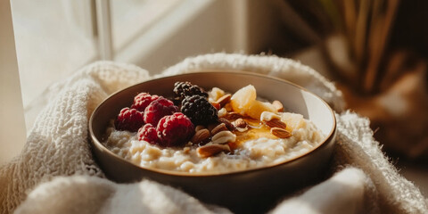 A warm bowl of oatmeal topped with fresh fruits, nuts, and honey, creating a cozy breakfast vibe