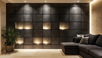 Sophisticated living area with charcoal panels, beige floor, and subtle lighting.