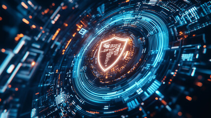 Fototapeta premium Red Shield Icon in Futuristic Digital Interface