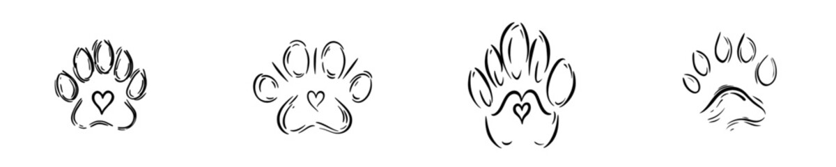 Fototapeta premium Animal paw icon. Dog, cat paw icon. Zoo or vet logo element. Paw print symbol with heart. Line style.