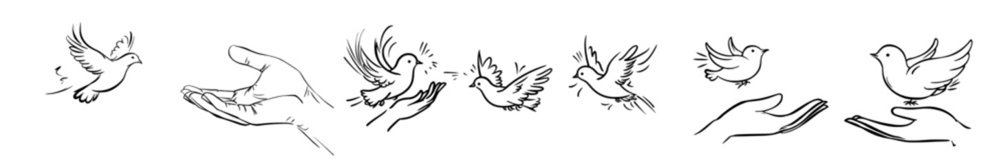 Obraz premium Continually drawn flying dove with two hands. It is a symbol of peace and freedom. Doodle modern illustration for an icon of the labor movement.