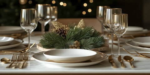 A beautifully set Christmas dinner table with golden cutlery, sparkling glasses, and a centerpiece of pine