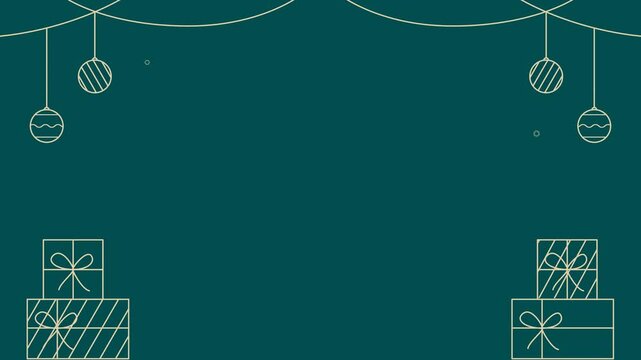 Minimalist boho Christmas animated frame banner with christmas ball, gift, branch and teal background
