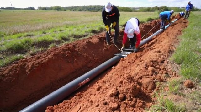 A high-speed internet fiber optic cable being installed underground, with workers digging and laying the cable.
