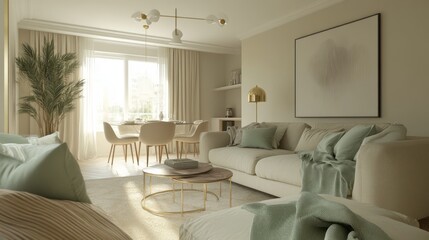 Fototapeta premium A Modern Living Room with Beige and Green Accents