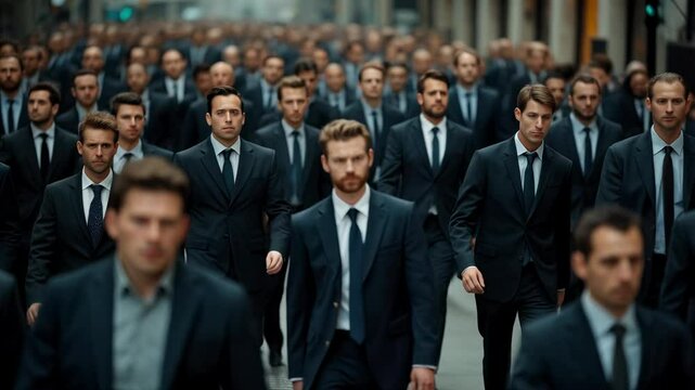 A crowd of identical men in dark suits, all looking serious, creating a sense of conformity and uniformity. Each person is focused forward, embodying corporate or societal uniformity.