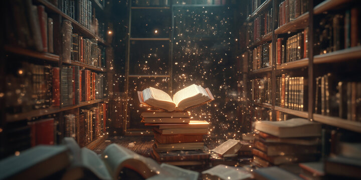 An enchanted library filled with ancient books, where time is frozen, and magical light spills from the pages