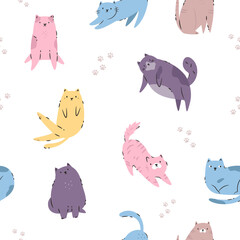 Seamless Pattern with Funny Cats. Playful and Quirky Feline Characters for Art and Design
