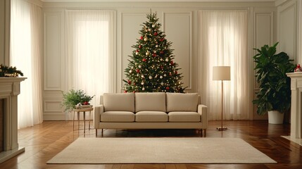A cozy living room featuring a decorated Christmas tree, a light-colored sofa, soft lighting, and a serene ambiance.