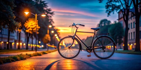 Low Light Bicycle on Road at Dusk - Captivating Night Cycling Scene with Urban Background, Street Lights, and Reflective Surfaces for Stunning Low Light Photography