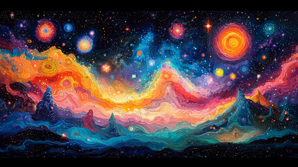 Obraz premium panoramic cosmic landscape painted in waves of vivid oranges and deep blues depicting a stellar nursery