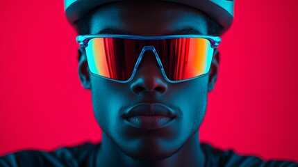 A close-up portrait of a person wearing colorful sunglasses against a vibrant red background, showcasing a modern and stylish look.