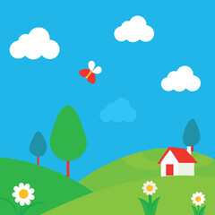 Naklejka premium a serene green landscape beneath a blue sky with white clouds. In the foreground, focus on a field of tall grass and scattered white daisies