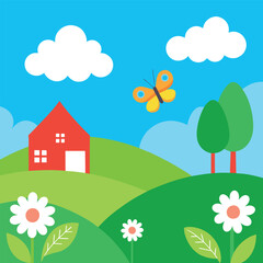 Naklejka premium a serene green landscape beneath a blue sky with white clouds. In the foreground, focus on a field of tall grass and scattered white daisies