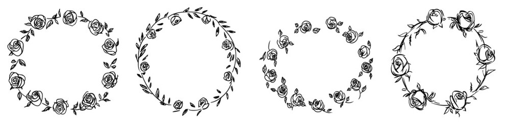 Obraz premium A sketch of a floral frame with roses. A hand-drawn floral botanical composition with leaves, branches, and flowers. A modern illustration in a line art style.