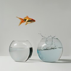 Two goldfish are energetically leaping out of a bowl filled with water
