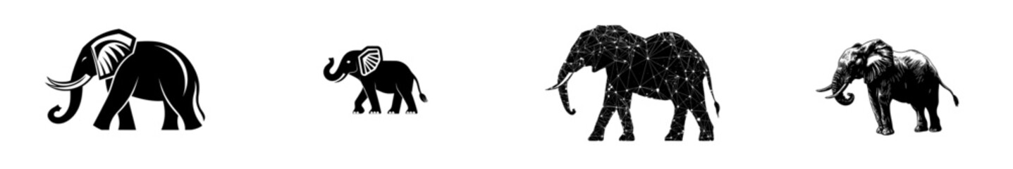 Animal silhouettes, icons, symbols. African elephants, mammals, and jungle elephants. Elephant modern design for logos, websites, and apps.