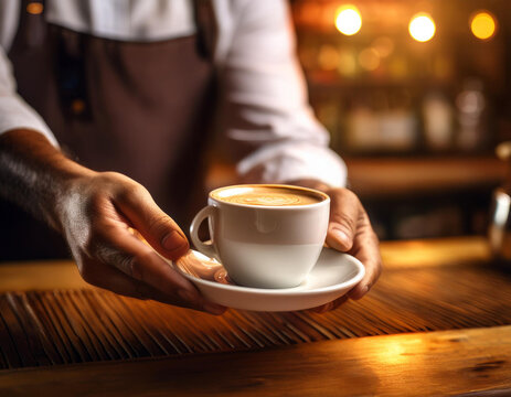 Close up de las manos de un camarero sirviendo un café caliente en una cafeteria de ambiente cálido y acogedor, ideal para ilustrar hostelería, desayuno y cultura del café