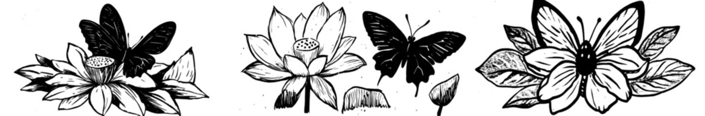 Obraz premium One continuous line of lotus flowers with a butterfly in the center. Logo for yoga studio and wellness spa salon concept. Water lily in editable stroke. Lots of lotus flowers isolated on a white