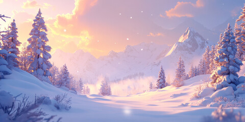 A beautiful snowy mountain view at sunrise, with soft light reflecting off the pristine snow and pine trees