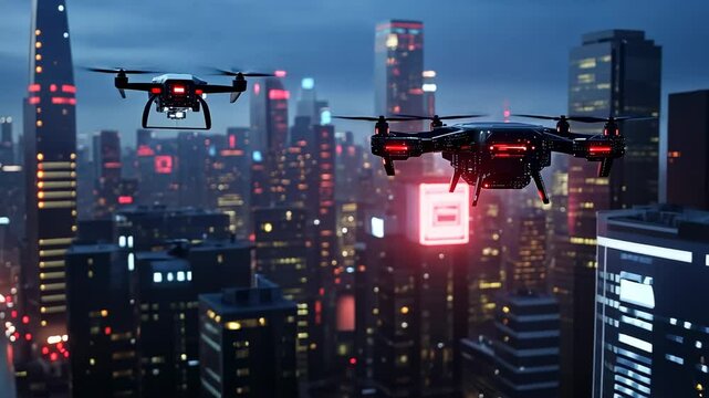 Futuristic drones soaring over a neon-lit urban skyline for innovative technology concepts