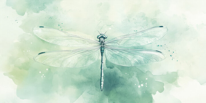 Hand painted watercolor of a delicate dragonfly with translucent wings on a soft green background