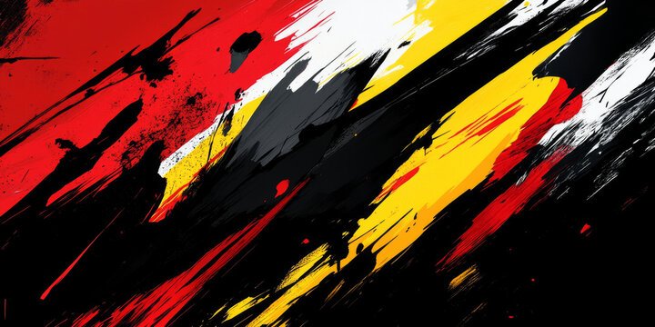 A chaotic abstract background with bold brush strokes in red, yellow, and black, conveying a sense of energy and urgency