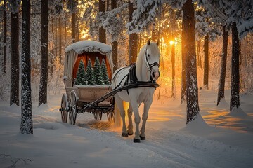 A horse-drawn carriage carrying Christmas trees glides through a snowy forest at sunset, creating a serene winter scene.