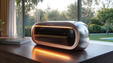 Futuristic metallic speaker on a wooden table with a large window in the background.