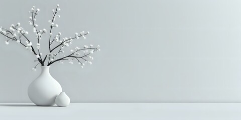 White Vase with Blooming Branch on White Table