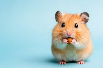 Cute hamster holding a nut, vibrant blue background, adorable pet portrait.