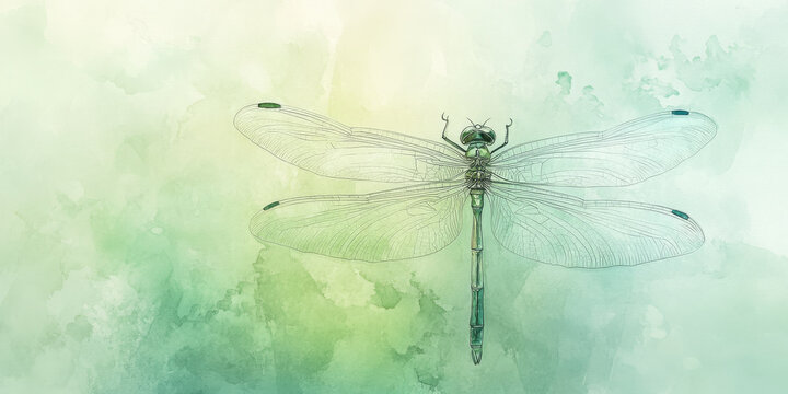 Hand painted watercolor of a delicate dragonfly with translucent wings on a soft green background