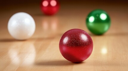 Naklejka premium Colorful Christmas Ornaments on a Wooden Surface