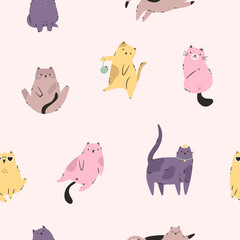 Seamless Pattern with Funny Cats. Playful and Quirky Feline Characters for Art and Design