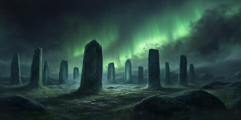 An ancient stone circle illuminated by the aurora borealis, evoking a sense of timeless magic and mystery