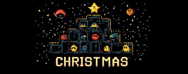 Obraz premium Festive Christmas illustration featuring a tree with colorful digital characters and joyful 