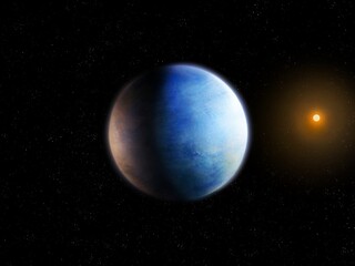 Distant Earth-like Planet. Blue exoplanet in space. Super-Earth with atmosphere. Cosmic background.