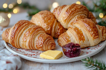 Fototapeta premium Delicious golden croissants with butter and jam on a festive table